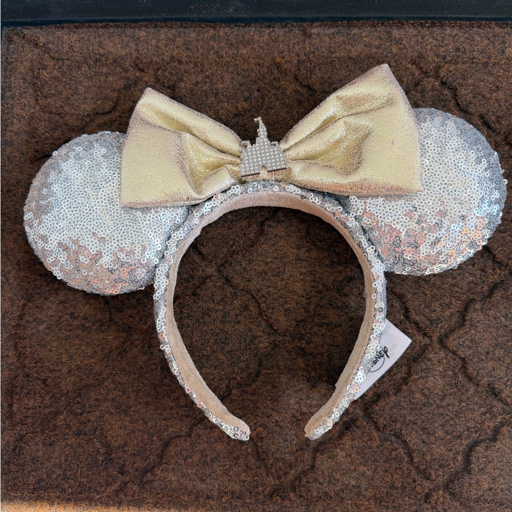 Disney Silver Sequin Ear Headband with Gold Bow and Castle Charm